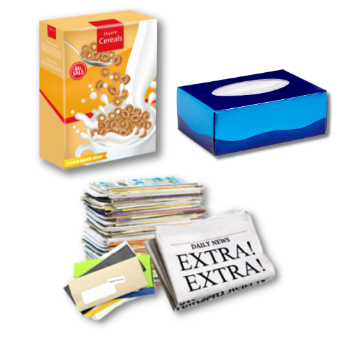 Image of a cereal box tissue box and stack of assorted paper